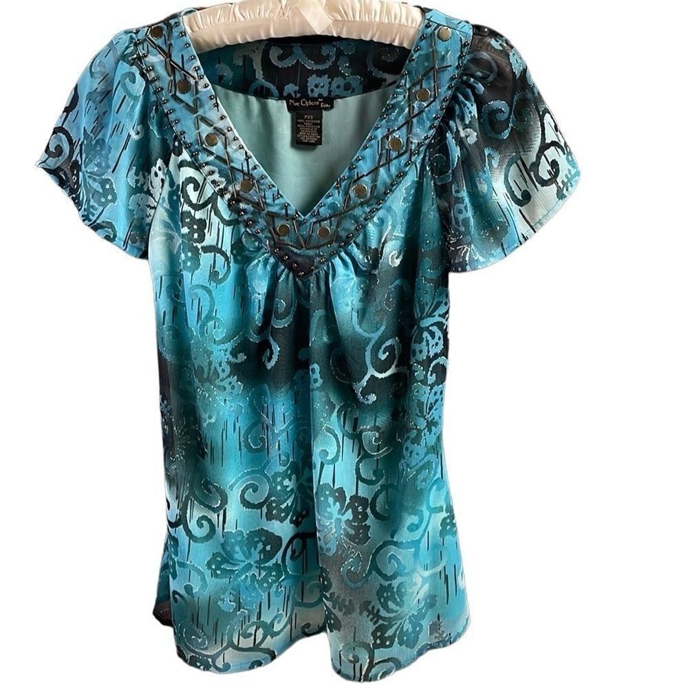 NUE OPTIONS Women’s Blouse Beaded Embellishment Sz Petite XSmall Teal Black PXS